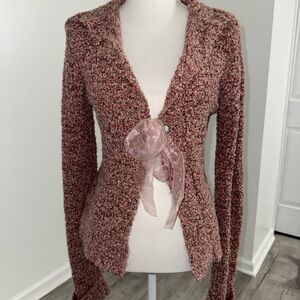 Vintage Favorite Sweater Boucle‎ Cardigan L Pink Ribbon Tie Soft Babydoll Y2K